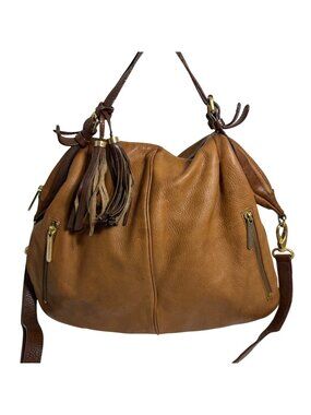 Cynthia Rowley Tan Leather Shoulder Bag + Adjust Strap Zipper Pockets + Tassel